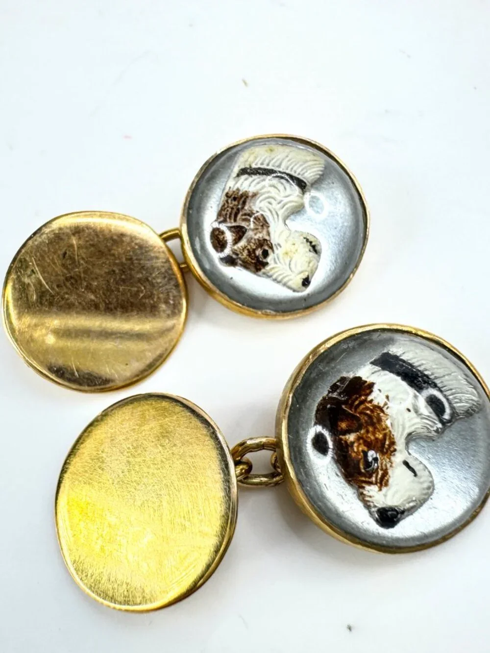 Vintage Art Deco reverse crystal fox hunting dog 9ct gold cufflinks SS475